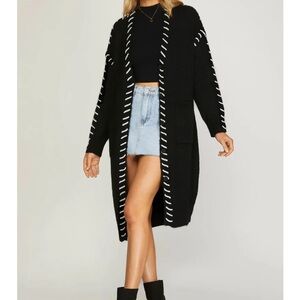 She + Sky Black and White Open-Front Cardigan